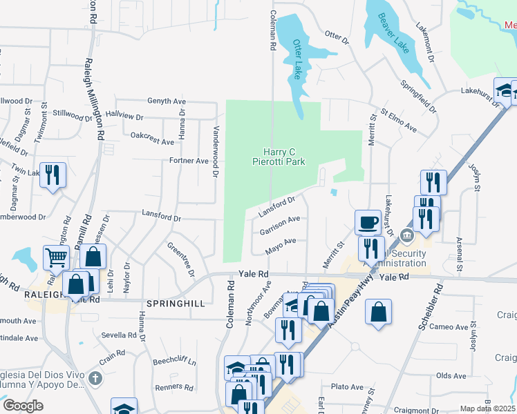 map of restaurants, bars, coffee shops, grocery stores, and more near 3625 Briargrove Drive in Memphis