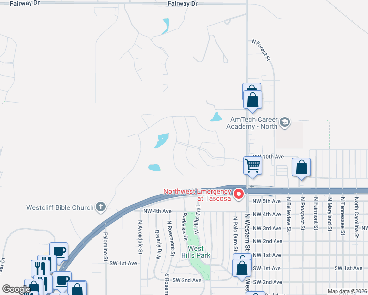 map of restaurants, bars, coffee shops, grocery stores, and more near 801 North Western Street in Amarillo