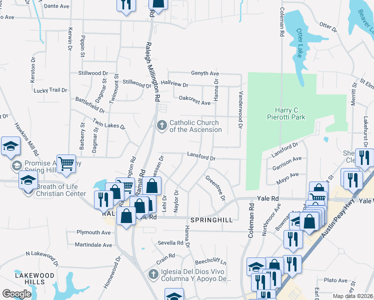 map of restaurants, bars, coffee shops, grocery stores, and more near 3621 Lehi Drive in Memphis