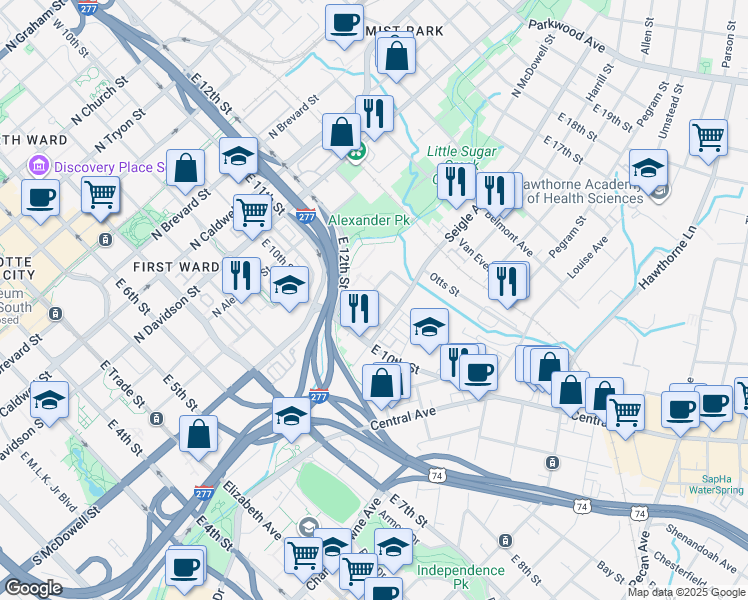 map of restaurants, bars, coffee shops, grocery stores, and more near 724 Seigle Avenue in Charlotte