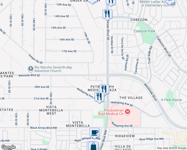 map of restaurants, bars, coffee shops, grocery stores, and more near 2410 19th Street Southeast in Rio Rancho