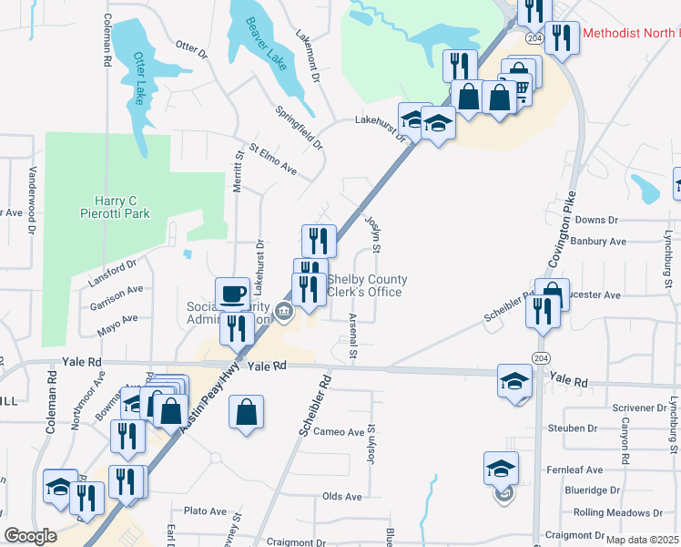 map of restaurants, bars, coffee shops, grocery stores, and more near 3635 Archwood Drive in Memphis