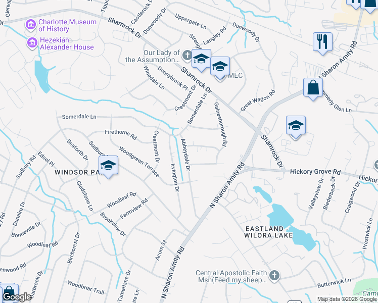 map of restaurants, bars, coffee shops, grocery stores, and more near 4313 Ivanhoe Place in Charlotte