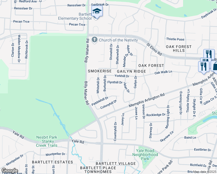 map of restaurants, bars, coffee shops, grocery stores, and more near 3612 Burkehill Drive in Memphis