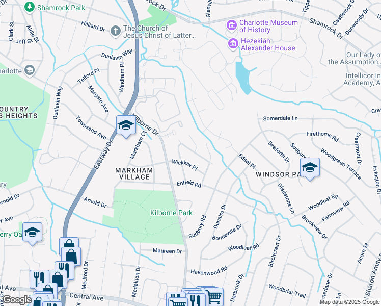map of restaurants, bars, coffee shops, grocery stores, and more near 2301 Amesbury Avenue in Charlotte