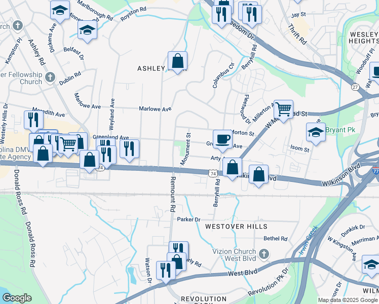 map of restaurants, bars, coffee shops, grocery stores, and more near 2461 Arty Avenue in Charlotte