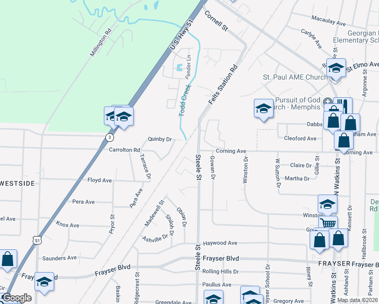 map of restaurants, bars, coffee shops, grocery stores, and more near 3645 Steele Street in Memphis