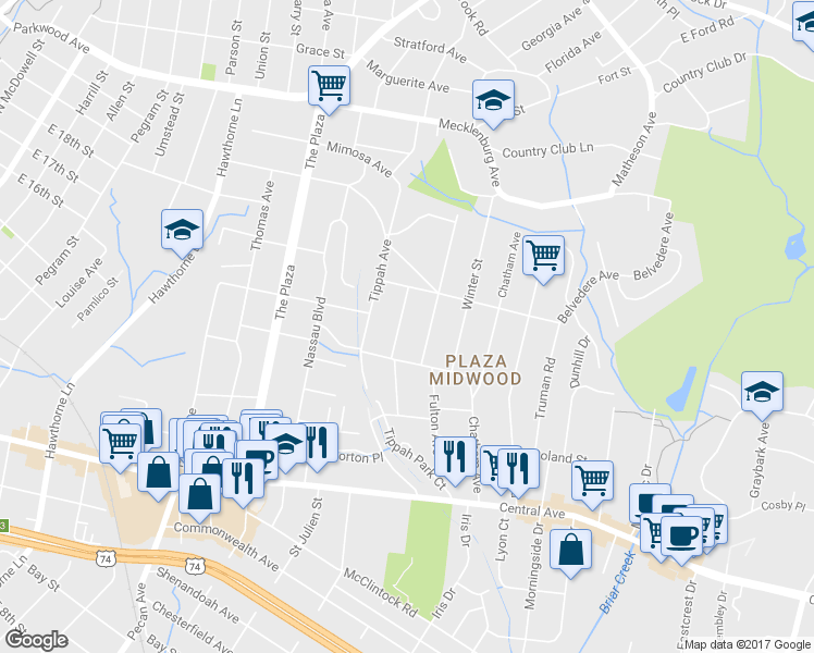 map of restaurants, bars, coffee shops, grocery stores, and more near 2000 Kenwood Avenue in Charlotte