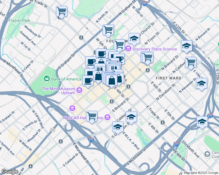 map of restaurants, bars, coffee shops, grocery stores, and more near 200 South College Street in Charlotte