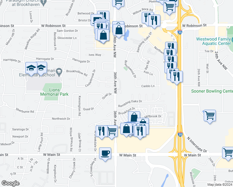 map of restaurants, bars, coffee shops, grocery stores, and more near 609 36th Avenue Northwest in Norman