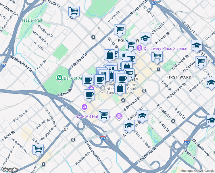 map of restaurants, bars, coffee shops, grocery stores, and more near 327 S Tryon St in Charlotte