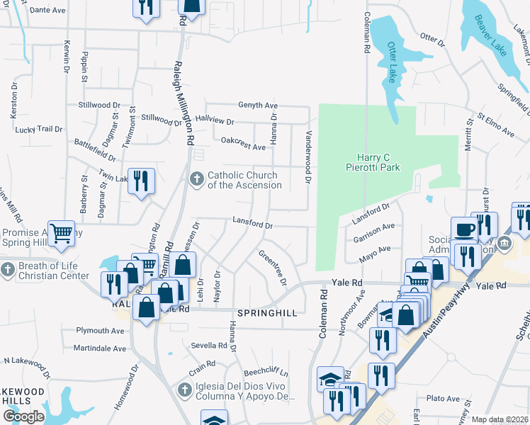 map of restaurants, bars, coffee shops, grocery stores, and more near 3647 Hanna Drive in Memphis