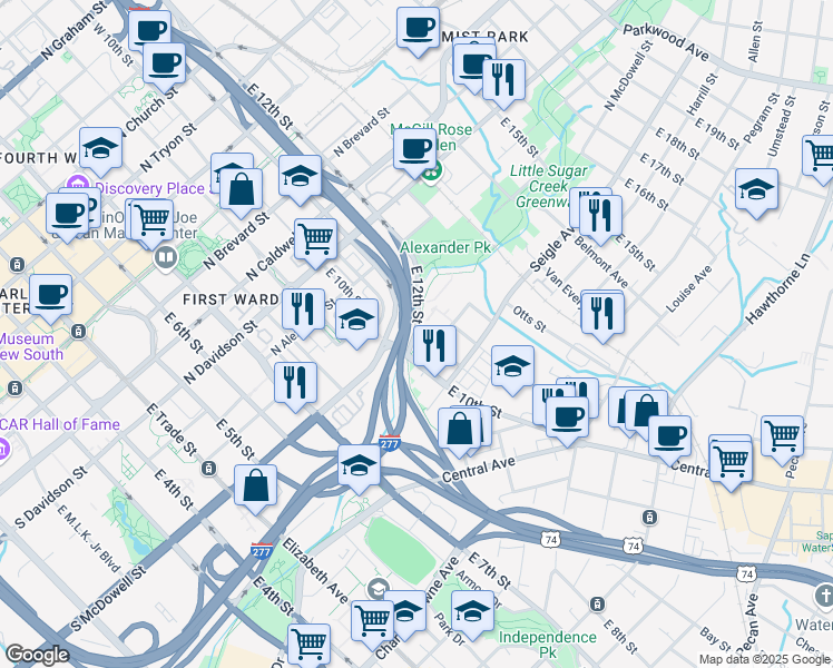 map of restaurants, bars, coffee shops, grocery stores, and more near 14 Greenway Crescent Lane in Charlotte