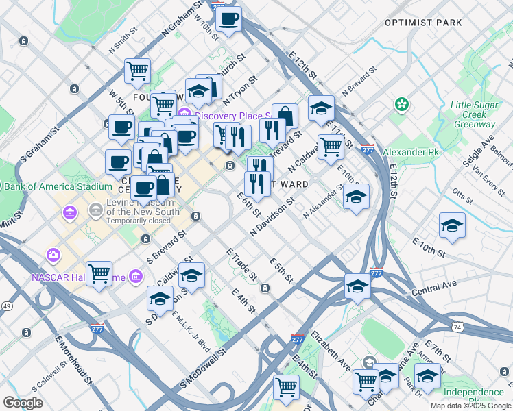 map of restaurants, bars, coffee shops, grocery stores, and more near 317 North Caldwell Street in Charlotte