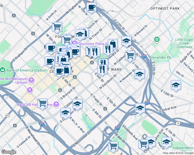map of restaurants, bars, coffee shops, grocery stores, and more near 317 North Caldwell Street in Charlotte