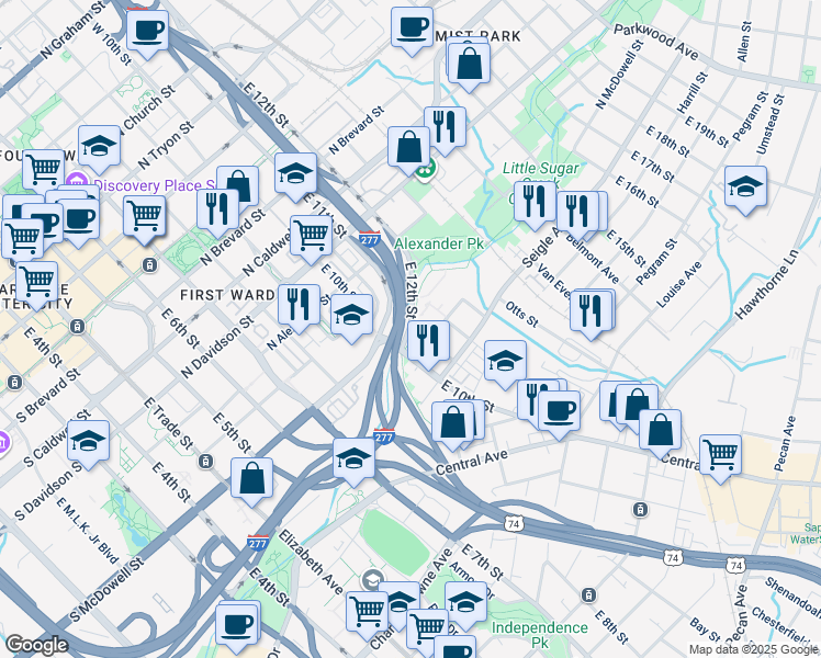 map of restaurants, bars, coffee shops, grocery stores, and more near 12 Greenway Crescent Lane in Charlotte