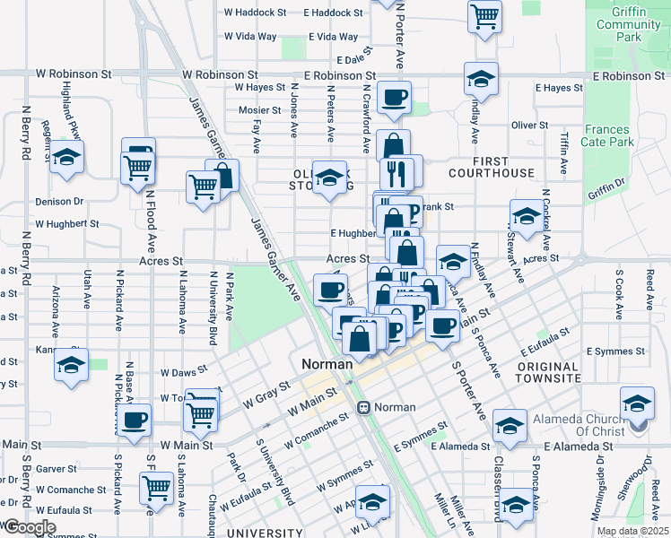 map of restaurants, bars, coffee shops, grocery stores, and more near 508 North Peters Avenue in Norman