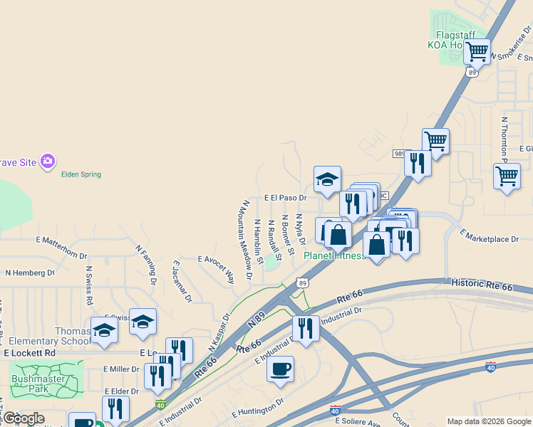 map of restaurants, bars, coffee shops, grocery stores, and more near 4530 North Hamblin Street in Flagstaff