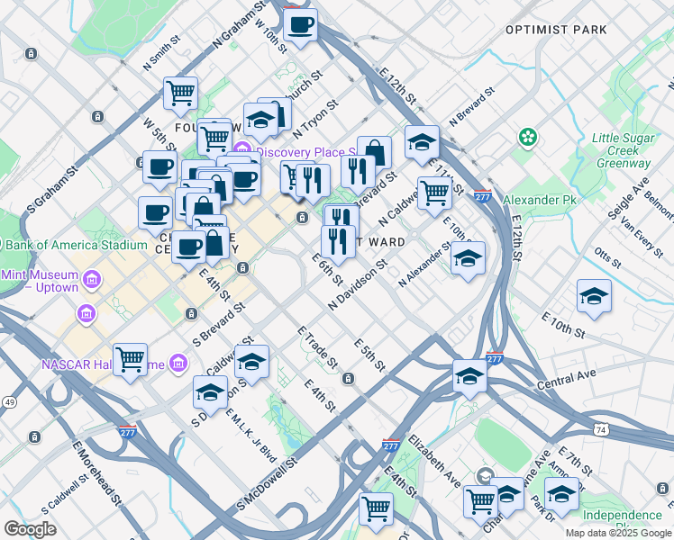 map of restaurants, bars, coffee shops, grocery stores, and more near 317 North Caldwell Street in Charlotte