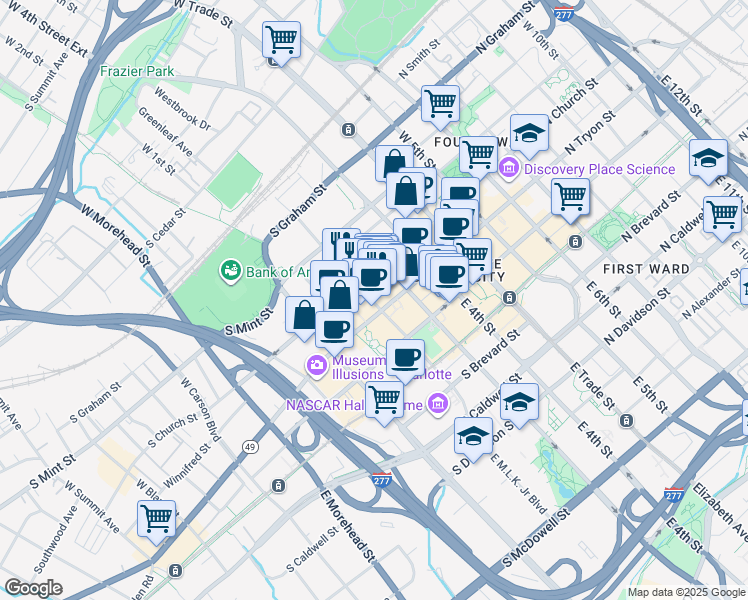 map of restaurants, bars, coffee shops, grocery stores, and more near 147 Brevard Court in Charlotte