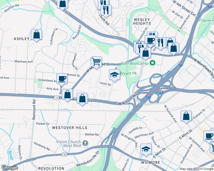 map of restaurants, bars, coffee shops, grocery stores, and more near 2050 Suttle Avenue in Charlotte