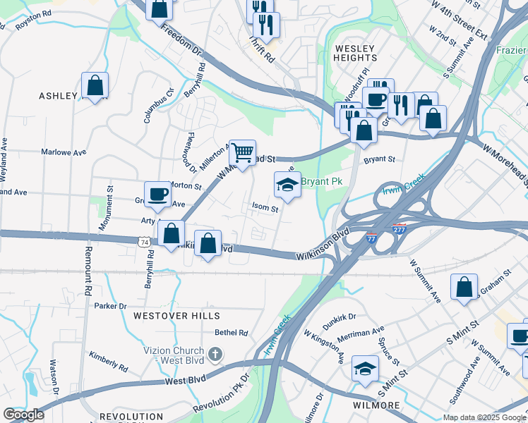 map of restaurants, bars, coffee shops, grocery stores, and more near 2050 Suttle Avenue in Charlotte