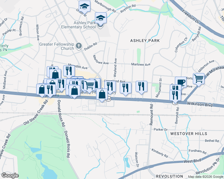 map of restaurants, bars, coffee shops, grocery stores, and more near 2204 Weyland Avenue in Charlotte