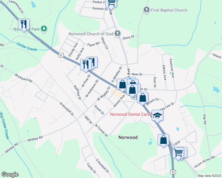 map of restaurants, bars, coffee shops, grocery stores, and more near 158 North Main Street in Norwood