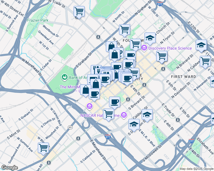 map of restaurants, bars, coffee shops, grocery stores, and more near 330 South Tryon Street in Charlotte