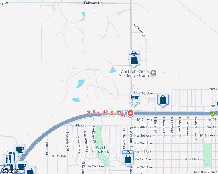 map of restaurants, bars, coffee shops, grocery stores, and more near 801 North Western Street in Amarillo