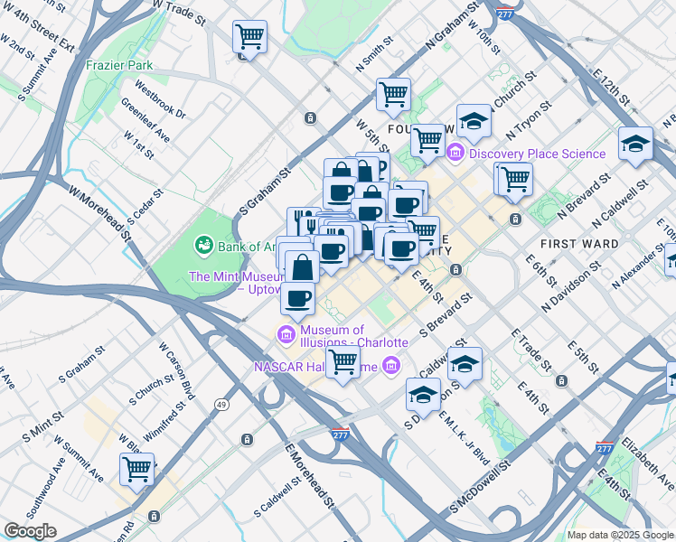 map of restaurants, bars, coffee shops, grocery stores, and more near 330 South Tryon Street in Charlotte