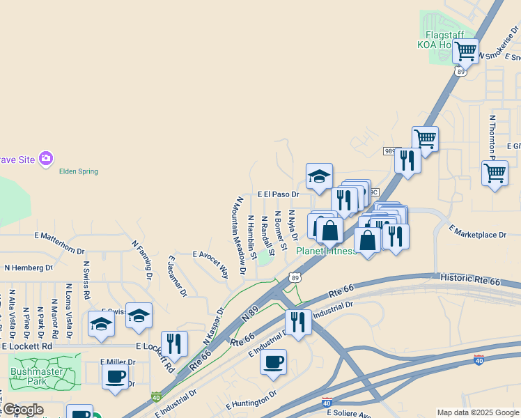 map of restaurants, bars, coffee shops, grocery stores, and more near 4530 North Hamblin Street in Flagstaff