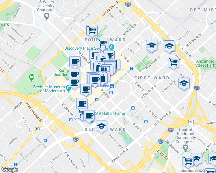 map of restaurants, bars, coffee shops, grocery stores, and more near in Charlotte