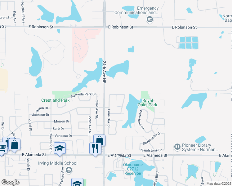 map of restaurants, bars, coffee shops, grocery stores, and more near 2501 Broadwell Oaks Drive in Norman