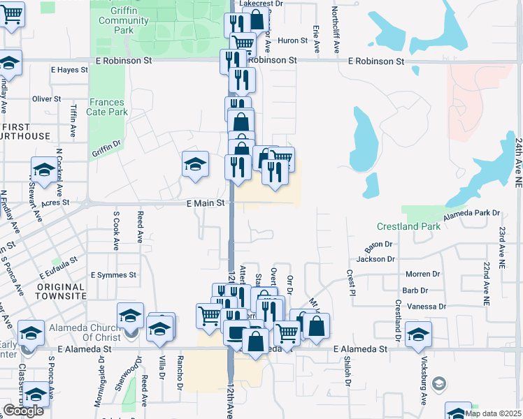 map of restaurants, bars, coffee shops, grocery stores, and more near 1312 East Main Street in Norman