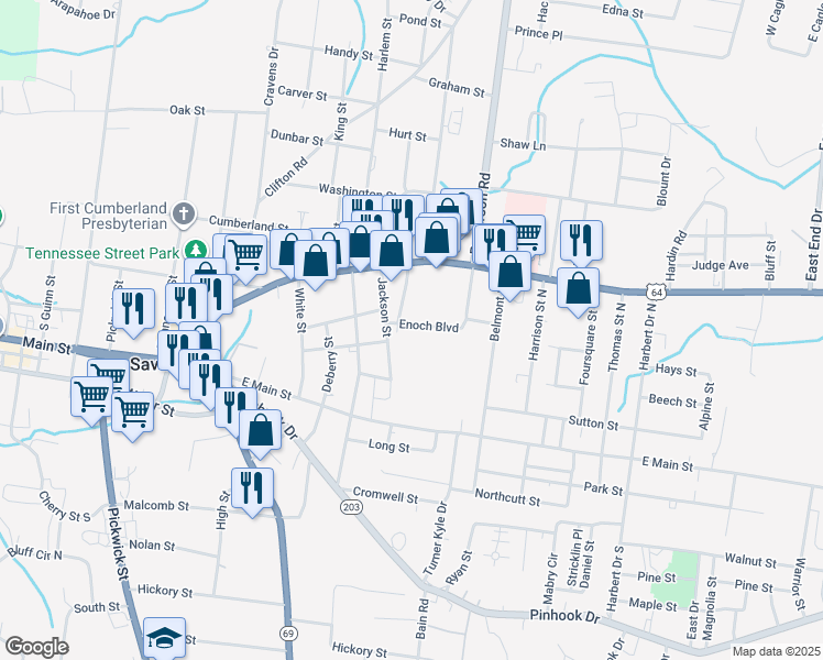 map of restaurants, bars, coffee shops, grocery stores, and more near 100 Enoch Boulevard in Savannah
