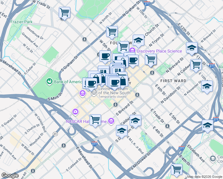 map of restaurants, bars, coffee shops, grocery stores, and more near 201 South Tryon Street in Charlotte