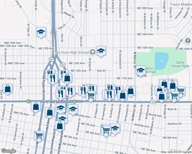 map of restaurants, bars, coffee shops, grocery stores, and more near 1101 North Hayes Street in Amarillo