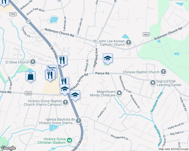 map of restaurants, bars, coffee shops, grocery stores, and more near 6301 Hickory Grove Road in Charlotte