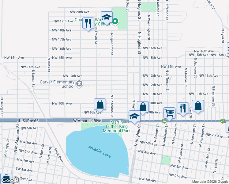 map of restaurants, bars, coffee shops, grocery stores, and more near 1327 Northwest 12th Avenue in Amarillo