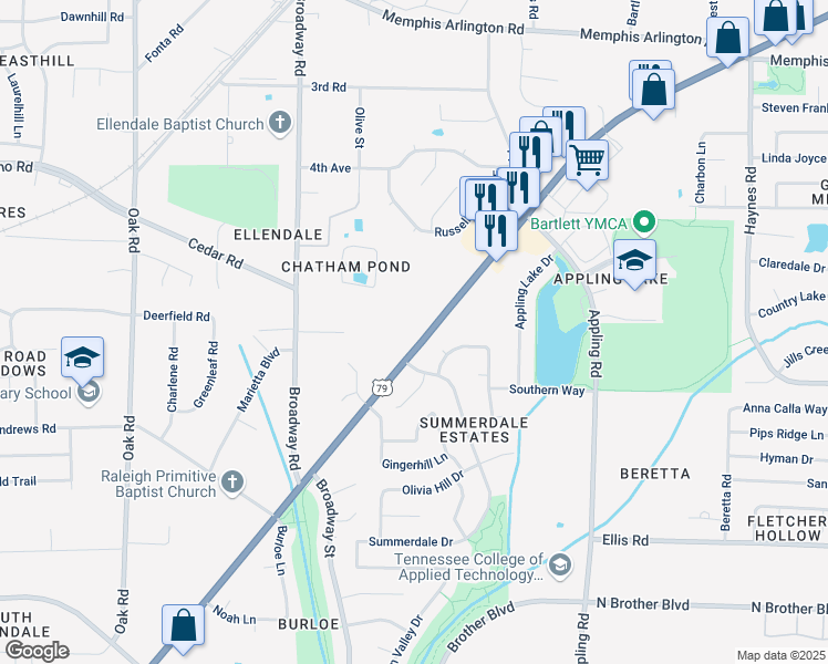 map of restaurants, bars, coffee shops, grocery stores, and more near 7460 U.S. 70 in Memphis