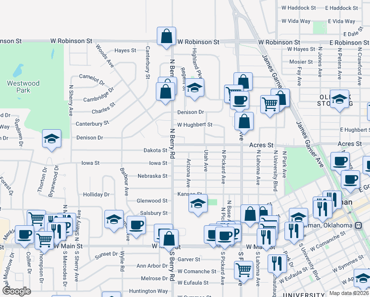 map of restaurants, bars, coffee shops, grocery stores, and more near 625 North Berry Road in Norman