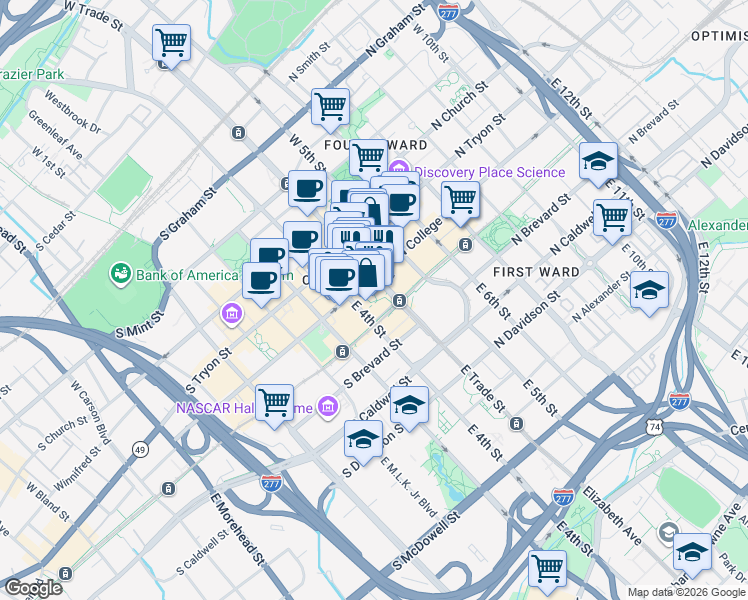 map of restaurants, bars, coffee shops, grocery stores, and more near in Charlotte