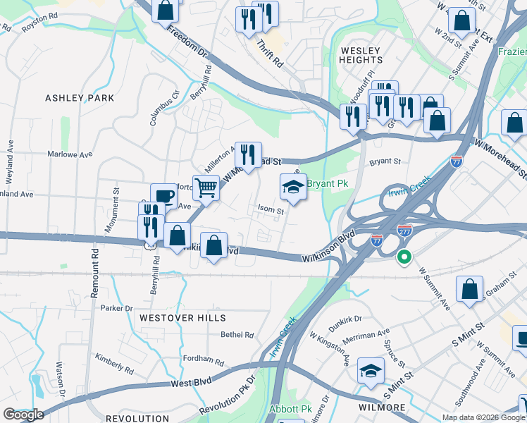 map of restaurants, bars, coffee shops, grocery stores, and more near 2050 Suttle Avenue in Charlotte