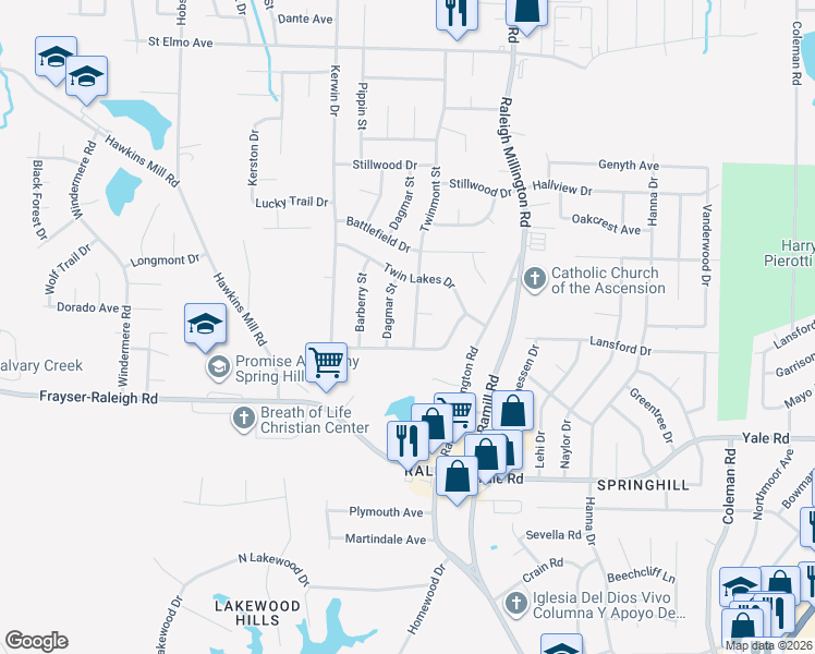 map of restaurants, bars, coffee shops, grocery stores, and more near 3678 Twinmont Cove in Memphis