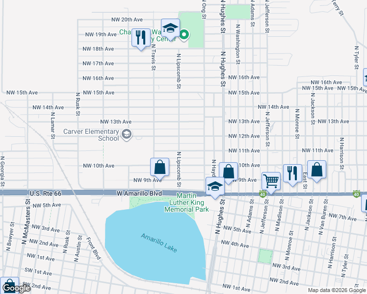 map of restaurants, bars, coffee shops, grocery stores, and more near 1327 Northwest 12th Avenue in Amarillo