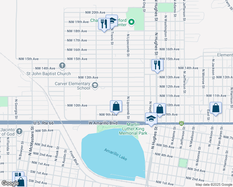 map of restaurants, bars, coffee shops, grocery stores, and more near 1445 Northwest 12th Avenue in Amarillo