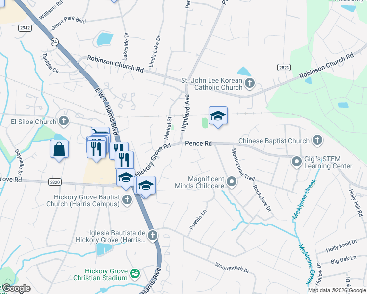 map of restaurants, bars, coffee shops, grocery stores, and more near 6301 Hickory Grove Road in Charlotte