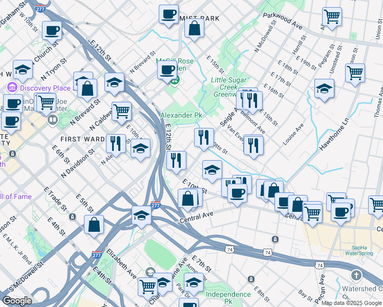 map of restaurants, bars, coffee shops, grocery stores, and more near 886 Seigle Point Drive in Charlotte