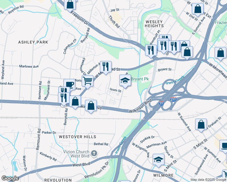 map of restaurants, bars, coffee shops, grocery stores, and more near 2050 Suttle Avenue in Charlotte